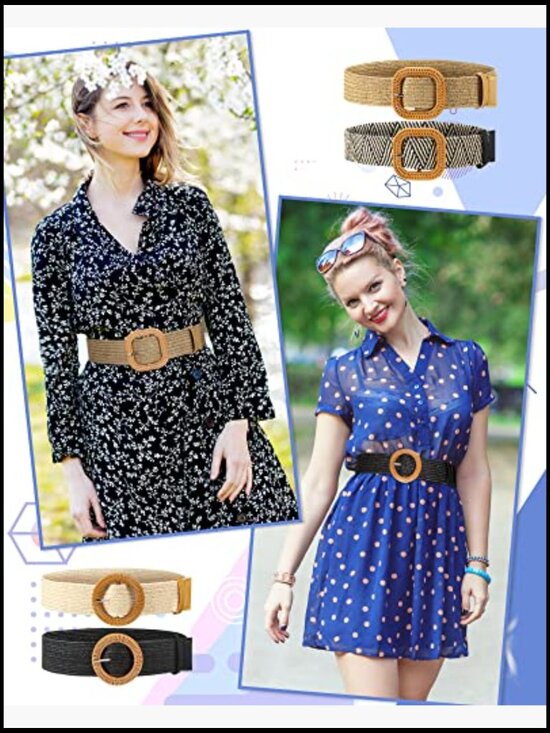 Straw Woven Elastic Stretch Rattan Buckle Waist Belt Women Skinny Dress Band